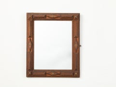 French Turn of the Century Tramp Art Hand Carved Mirror with Brass Accents