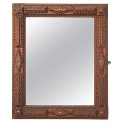 French Turn of the Century Tramp Art Hand Carved Mirror with Brass Accents