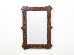 French Turn of the Century Tramp Art Hand Carved Mirror with Geometric Motifs