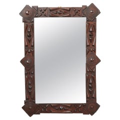 French Turn of the Century Tramp Art Hand Carved Mirror with Geometric Motifs