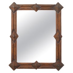French Turn of the Century Tramp Art Hand Carved Mirror with Pyramidal Motifs