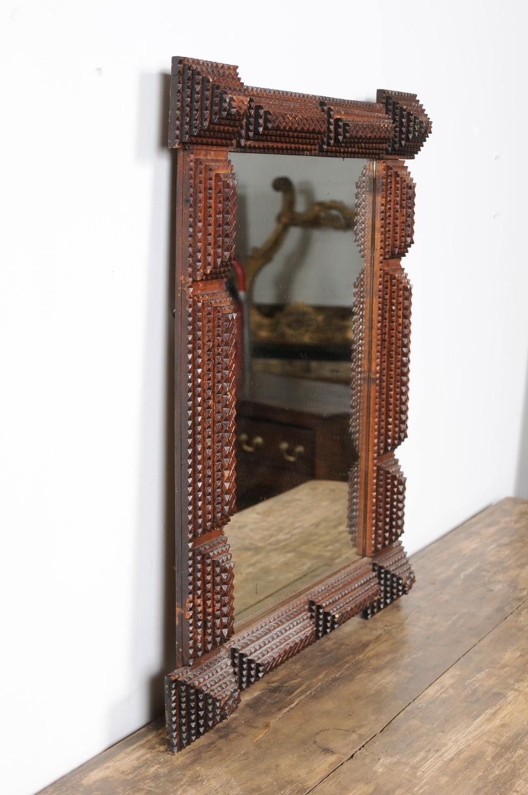French Turn of the Century Tramp Art Hand Carved Mirror with Texture Design 4
