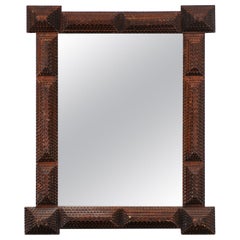 French Turn of the Century Tramp Art Hand Carved Mirror with Texture Design