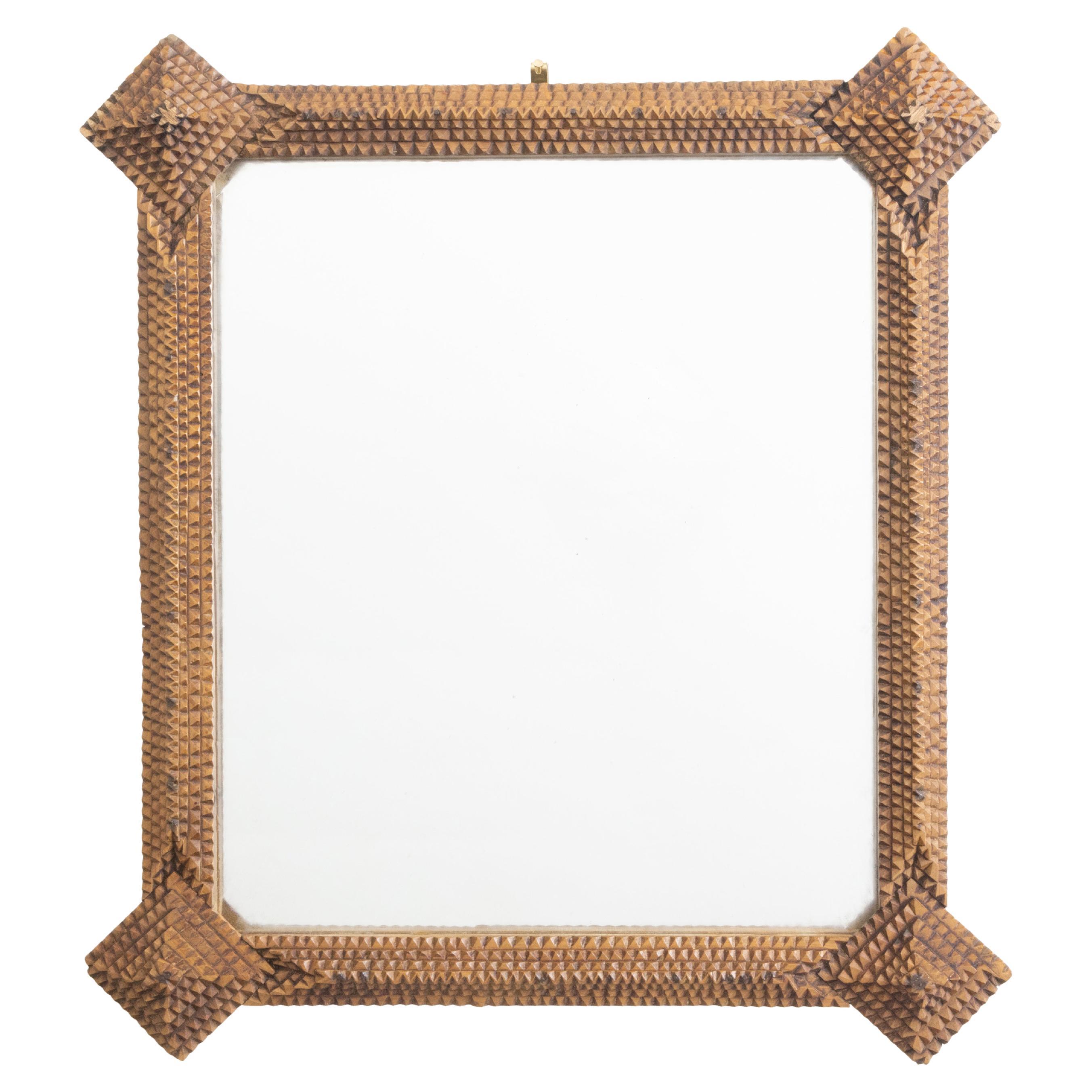 French Turn of the Century Tramp Art Hand Carved Mirror with Texture Design