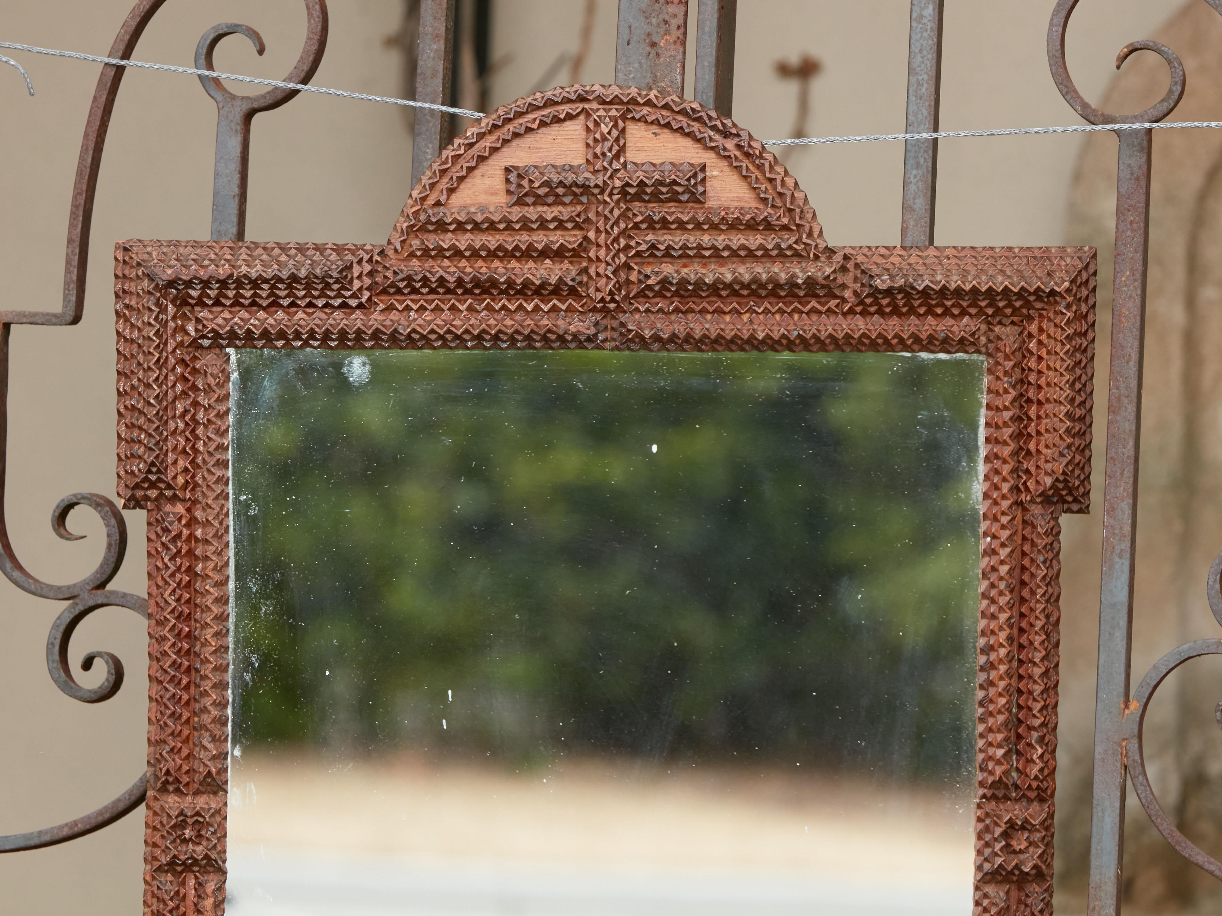 Hand-Carved French Turn of the Century Tramp Art Mirror with Arching Crest and Cross Motif