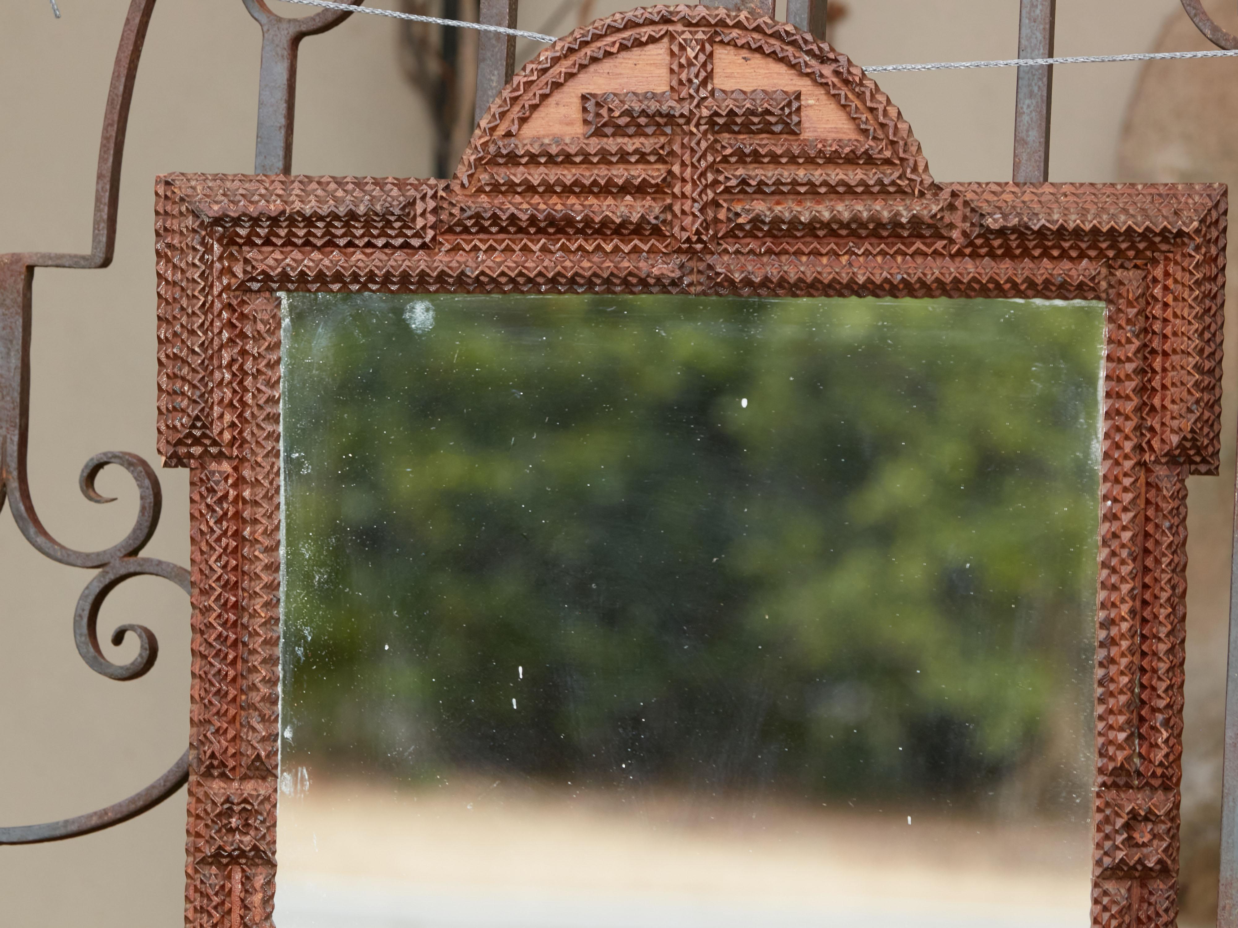 French Turn of the Century Tramp Art Mirror with Arching Crest and Cross Motif 1