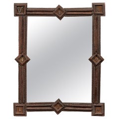 French Turn of the Century Tramp Art Mirror with Geometric Motifs, Two Available