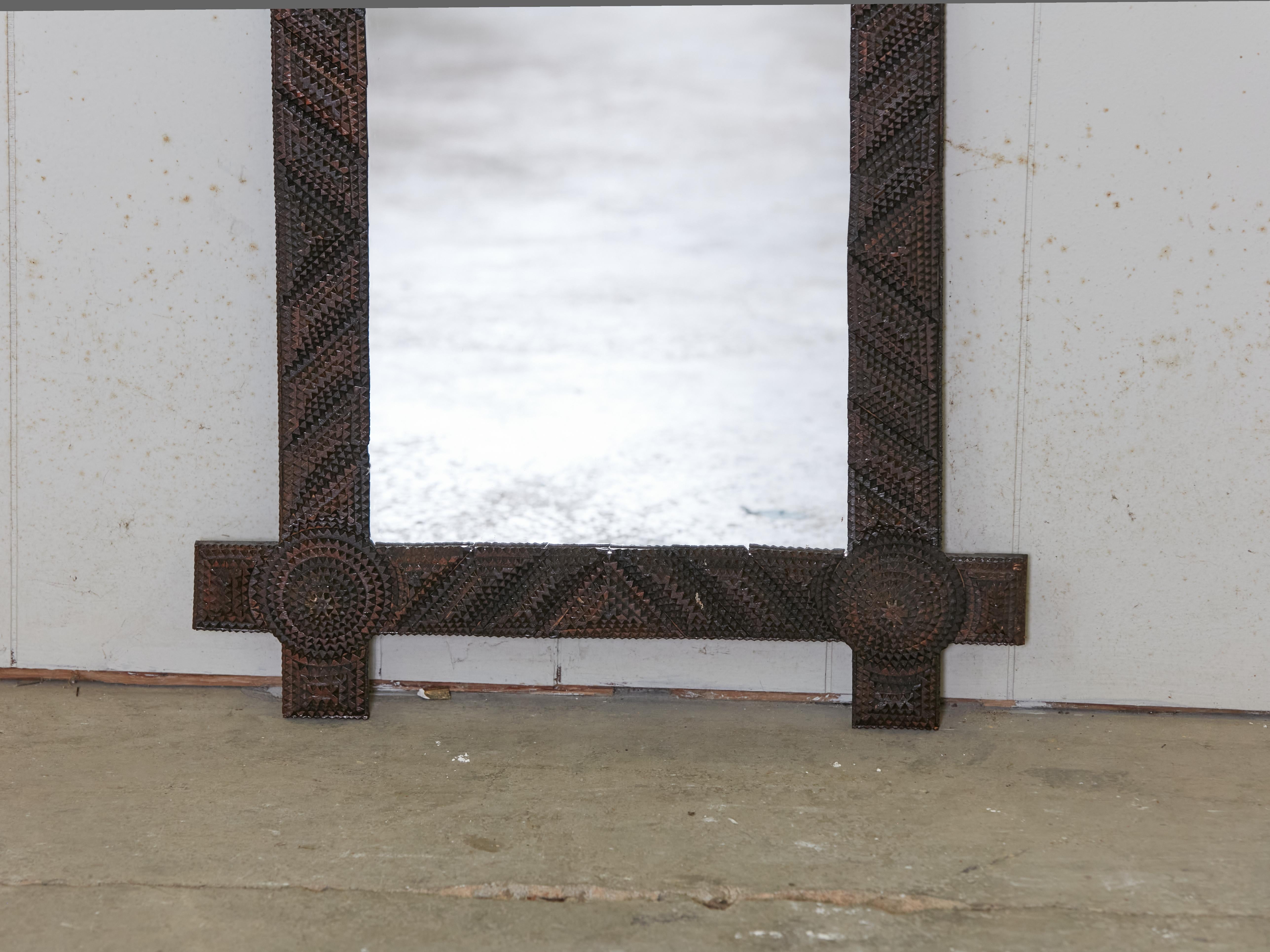Hand-Carved French Turn of the Century Tramp Art Mirror with Raised Concentric Circles