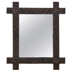 French Turn of the Century Tramp Art Mirror with Raised Concentric Circles