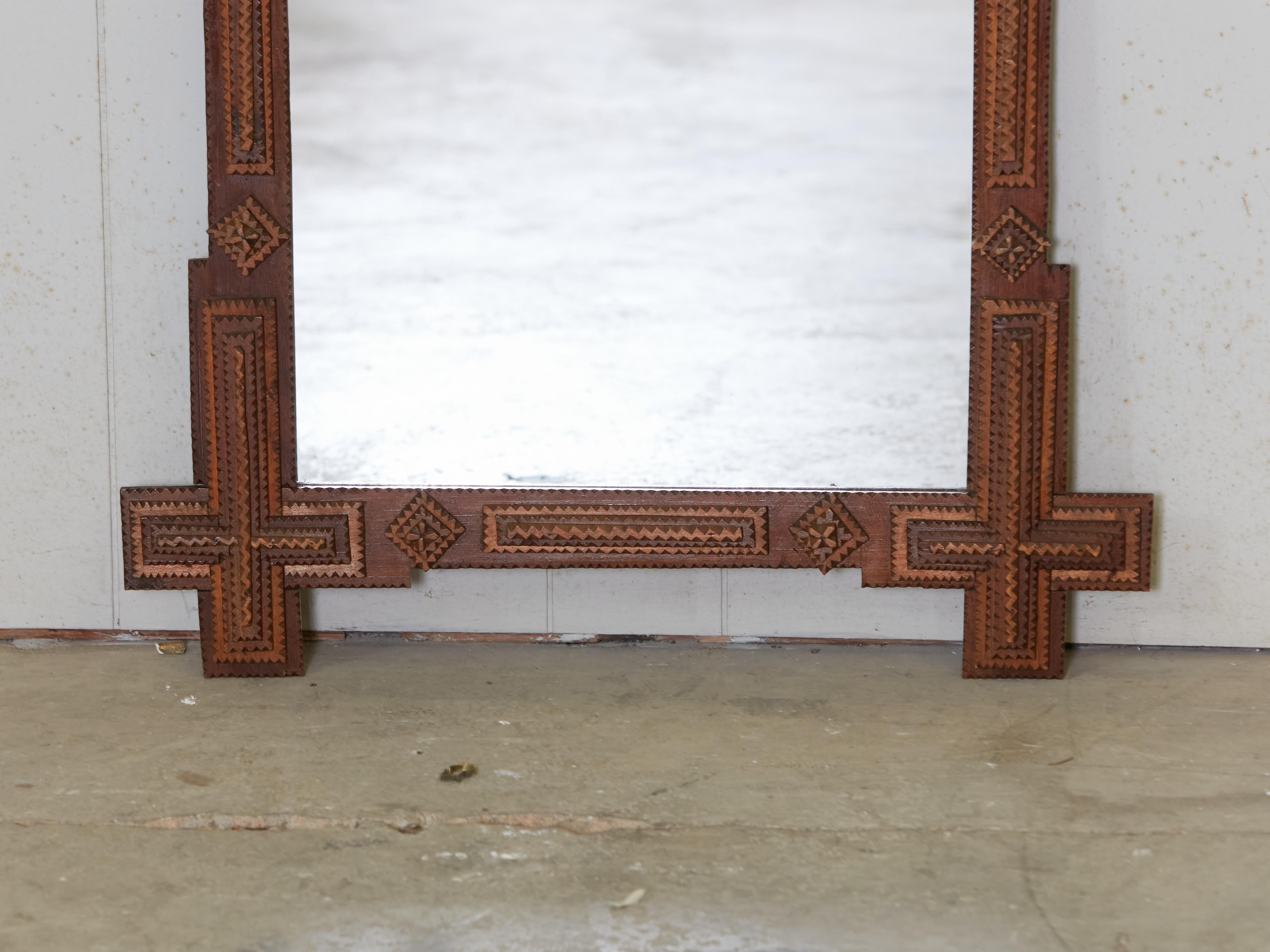Hand-Carved French Turn of the Century Tramp Art Mirror with Raised Geometric Motifs