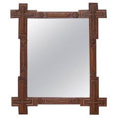 French Turn of the Century Tramp Art Mirror with Raised Geometric Motifs