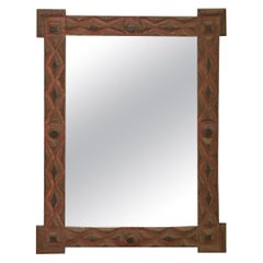 French Turn of the Century Tramp Art Mirror with Raised Geometric Motifs