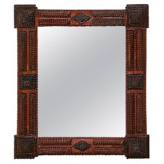 French Turn of the Century Tramp Art Mirror with Raised Pyramidal Motifs