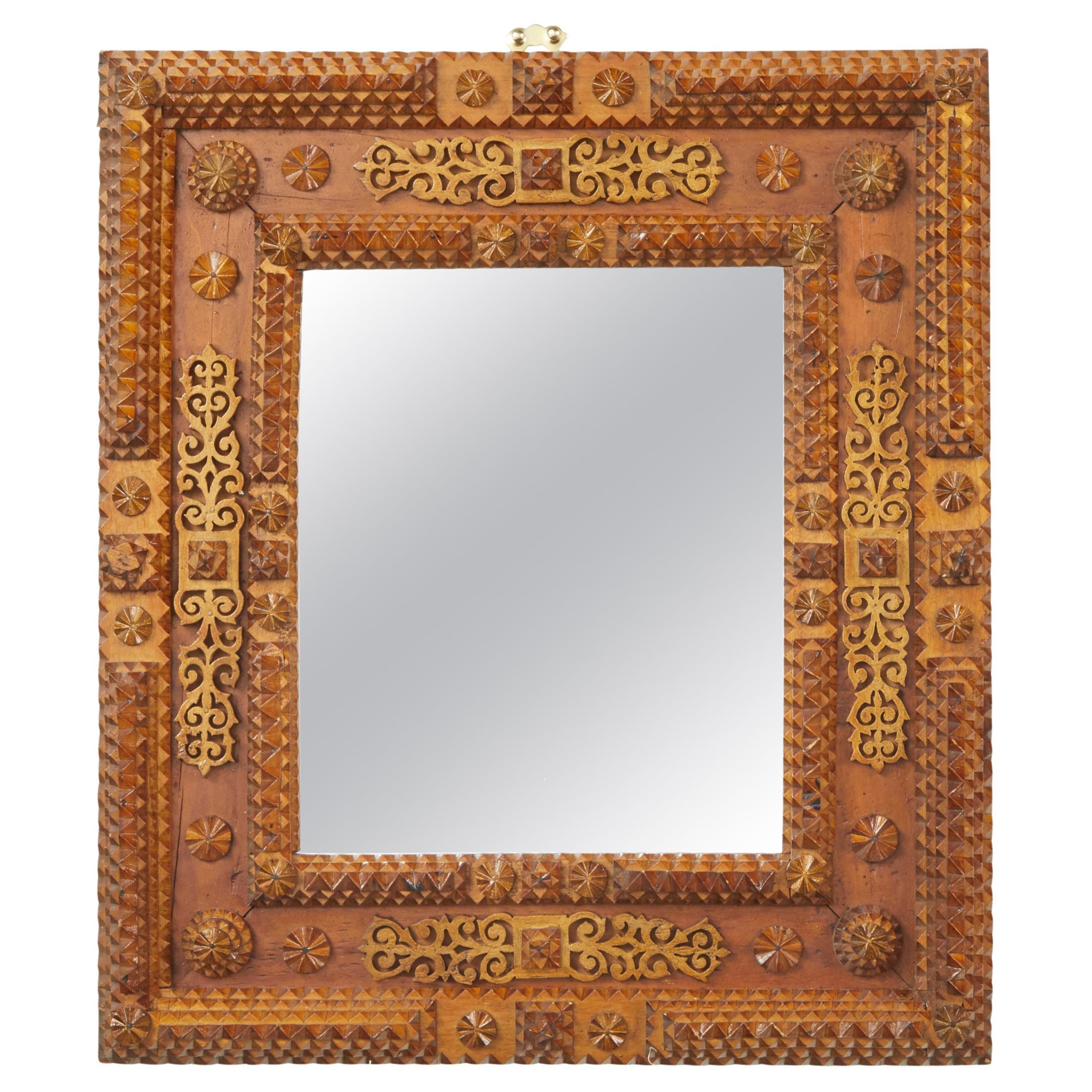 French Turn of the Century Tramp Art Mirror with Rosettes and Brass Motifs