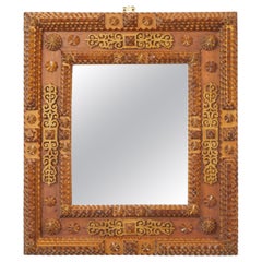 French Turn of the Century Tramp Art Mirror with Rosettes and Brass Motifs