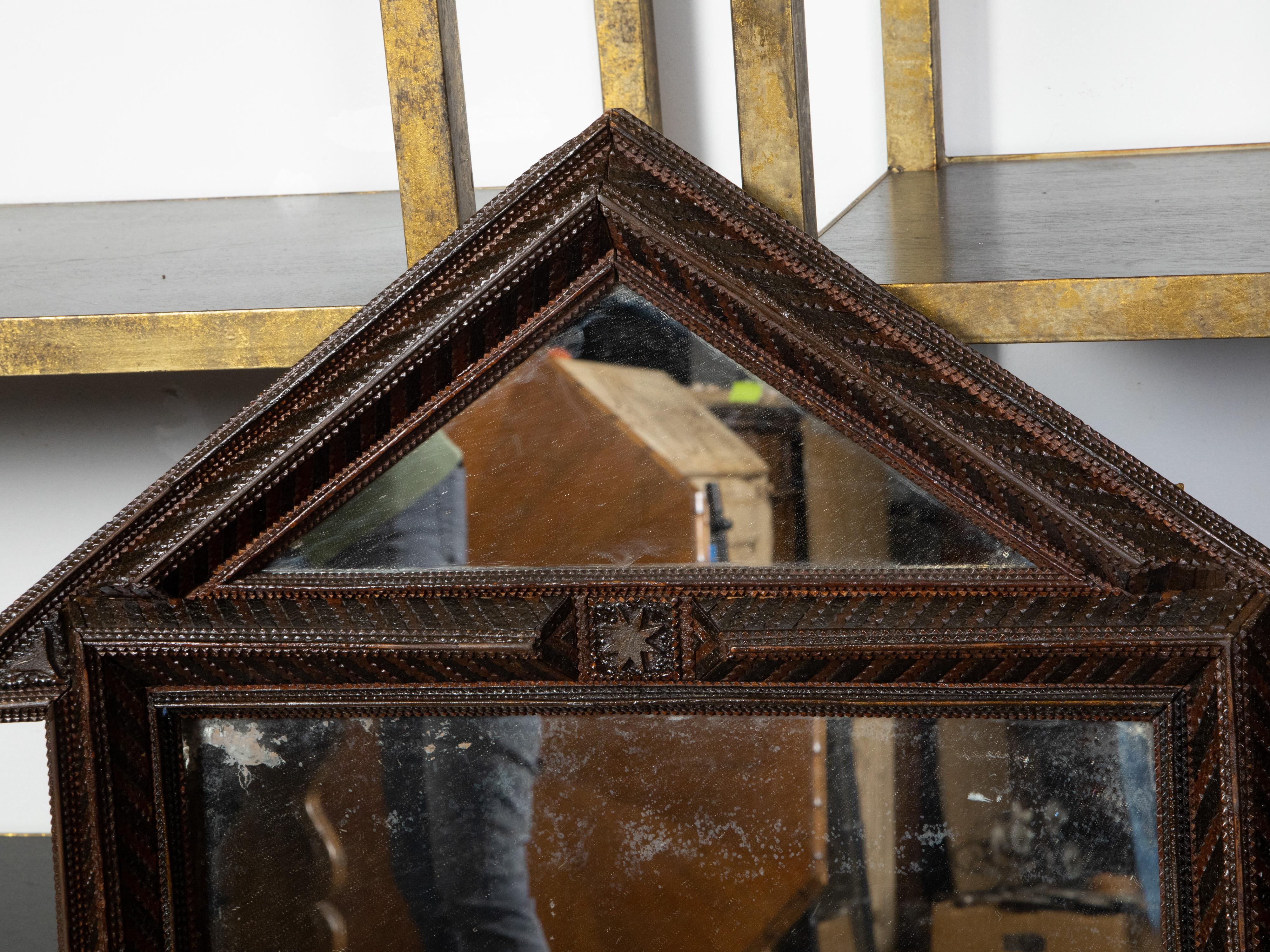 20th Century French Turn of the Century Tramp Art Mirror with Triangular Pediment, circa 1900 For Sale