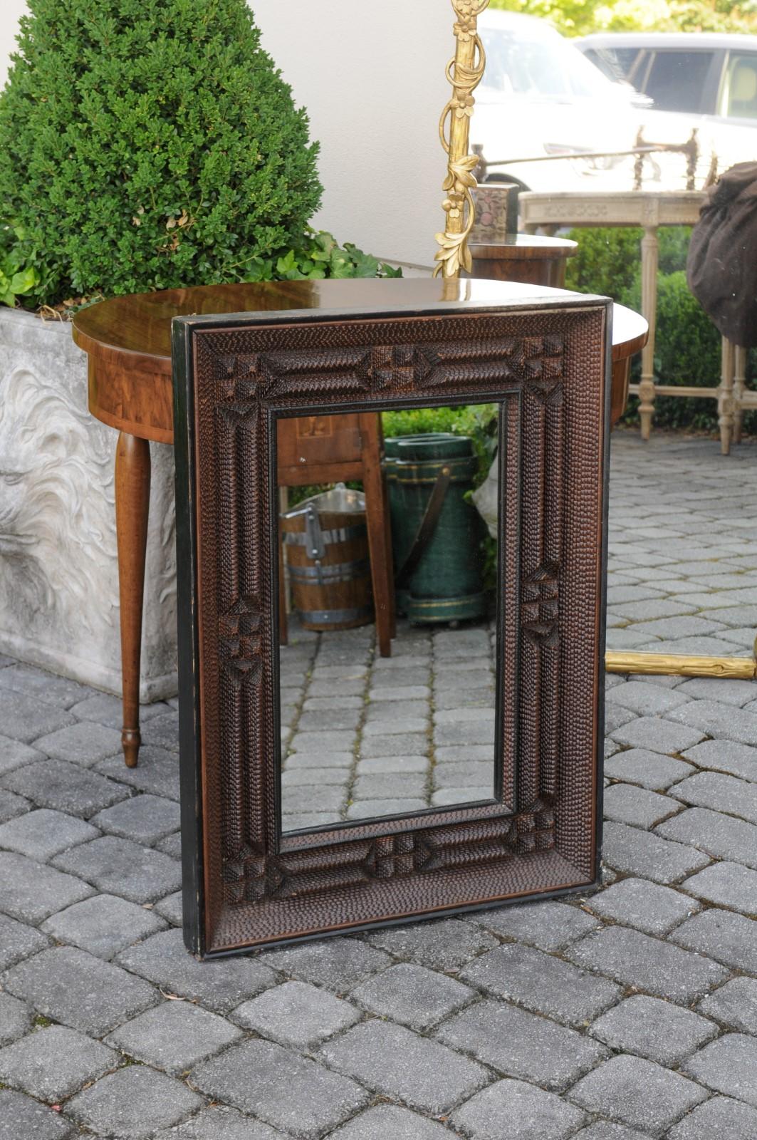 French Turn of the Century Tramp Art Wall Mirror with Brown Patina, circa 1900 3