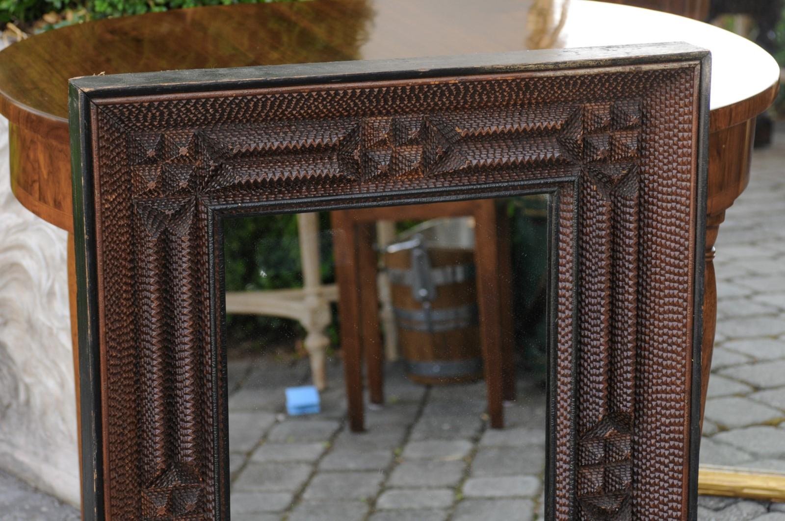French Turn of the Century Tramp Art Wall Mirror with Brown Patina, circa 1900 4