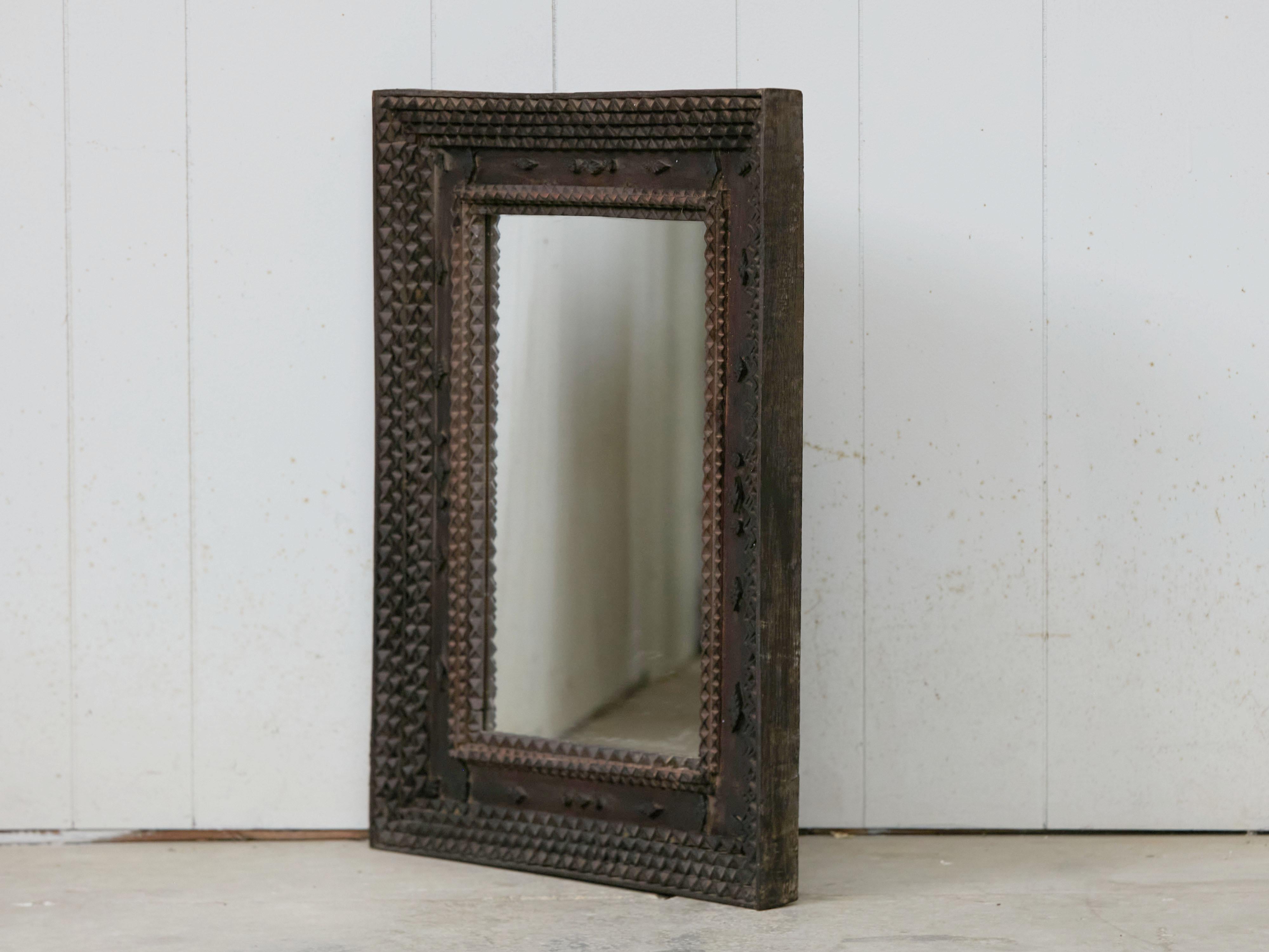 Folk Art French Turn of the Century Tramp Art Wall Mirror with Brown Patina, circa 1900