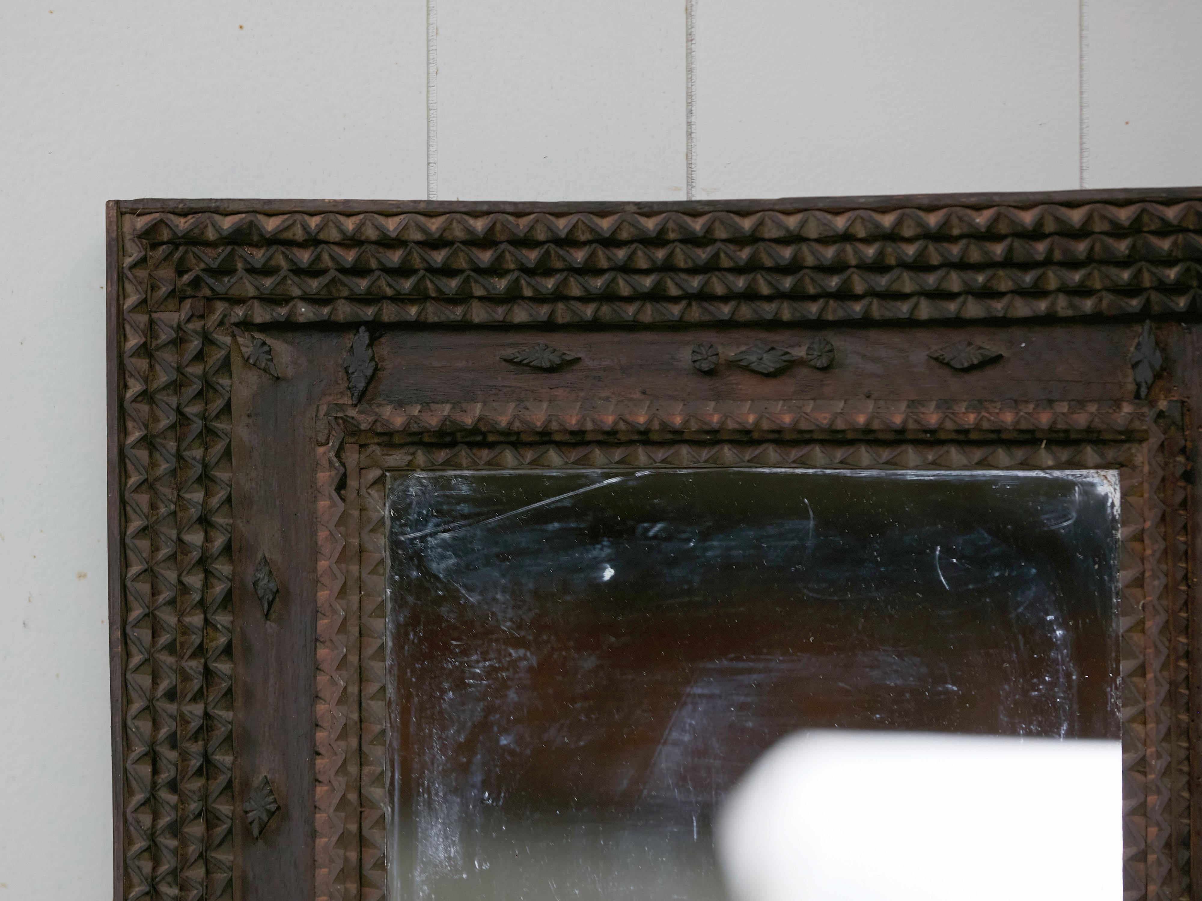 20th Century French Turn of the Century Tramp Art Wall Mirror with Brown Patina, circa 1900