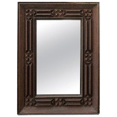 French Turn of the Century Tramp Art Wall Mirror with Brown Patina, circa 1900