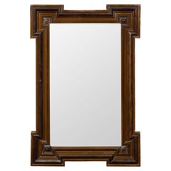Antique French Turn of the Century Two Toned Walnut Mirror with Protruding Corners