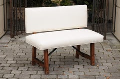 French Turn of the Century Walnut Bench with Trestle Base and Iron Stretcher