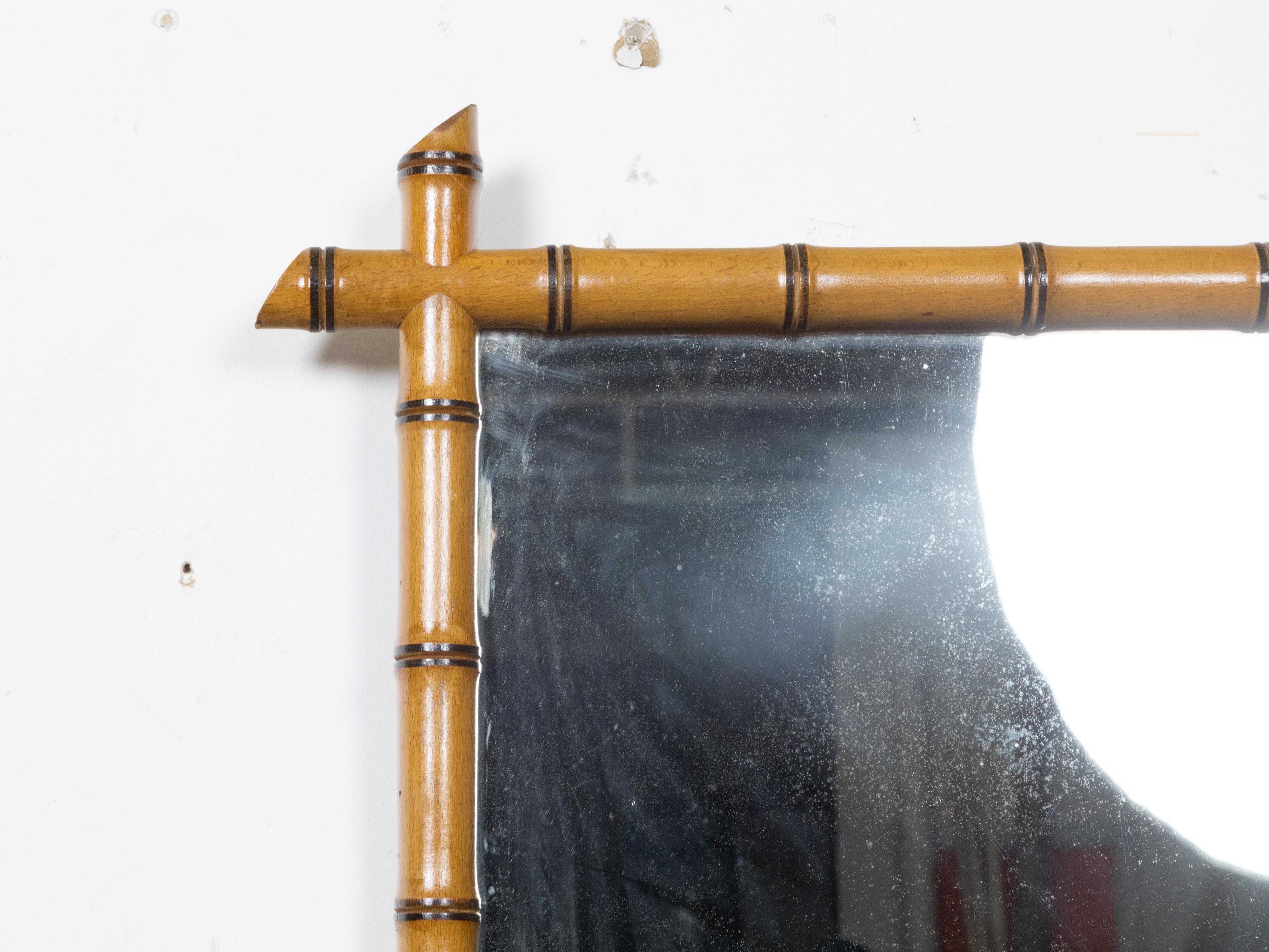 20th Century French Turn of the Century Walnut Faux Bamboo Light Brown Wall Mirror, 1900s For Sale
