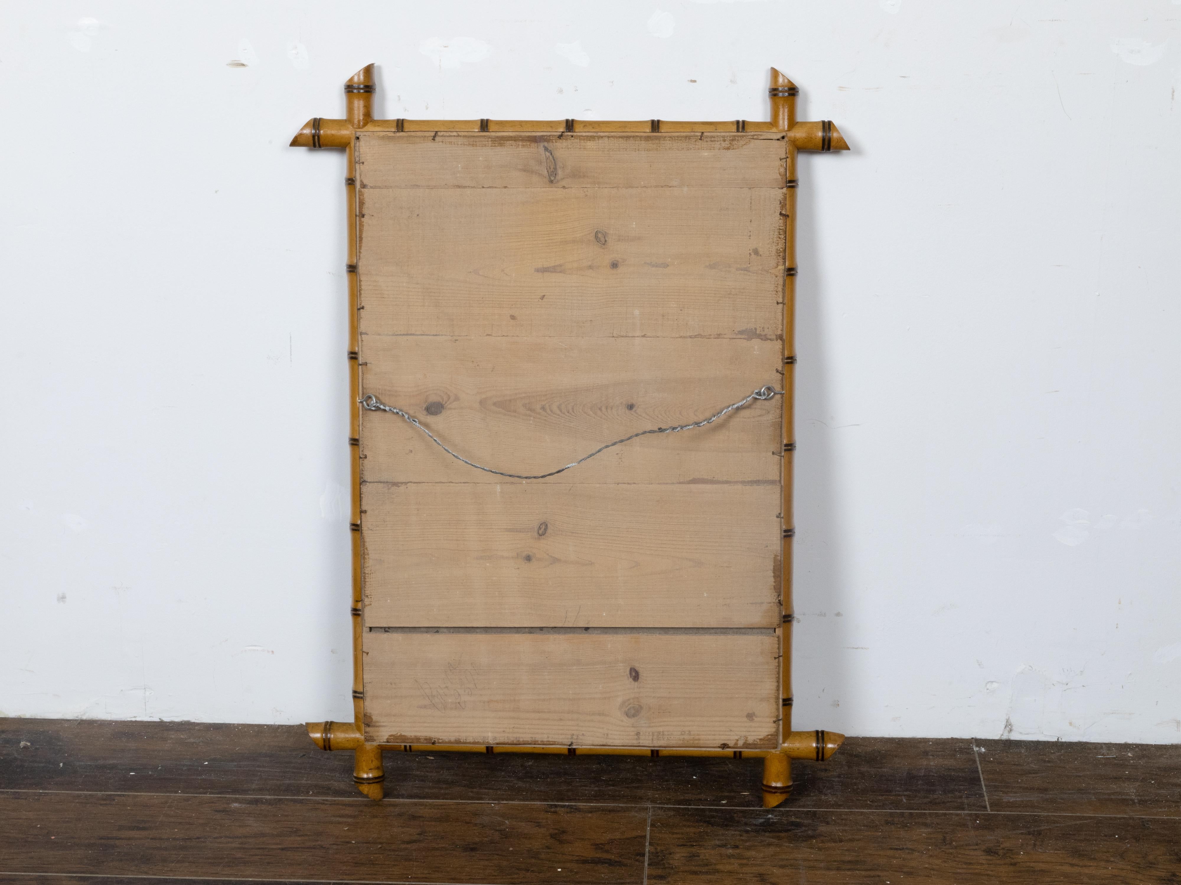 French Turn of the Century Walnut Faux Bamboo Light Brown Wall Mirror, 1900s For Sale 3