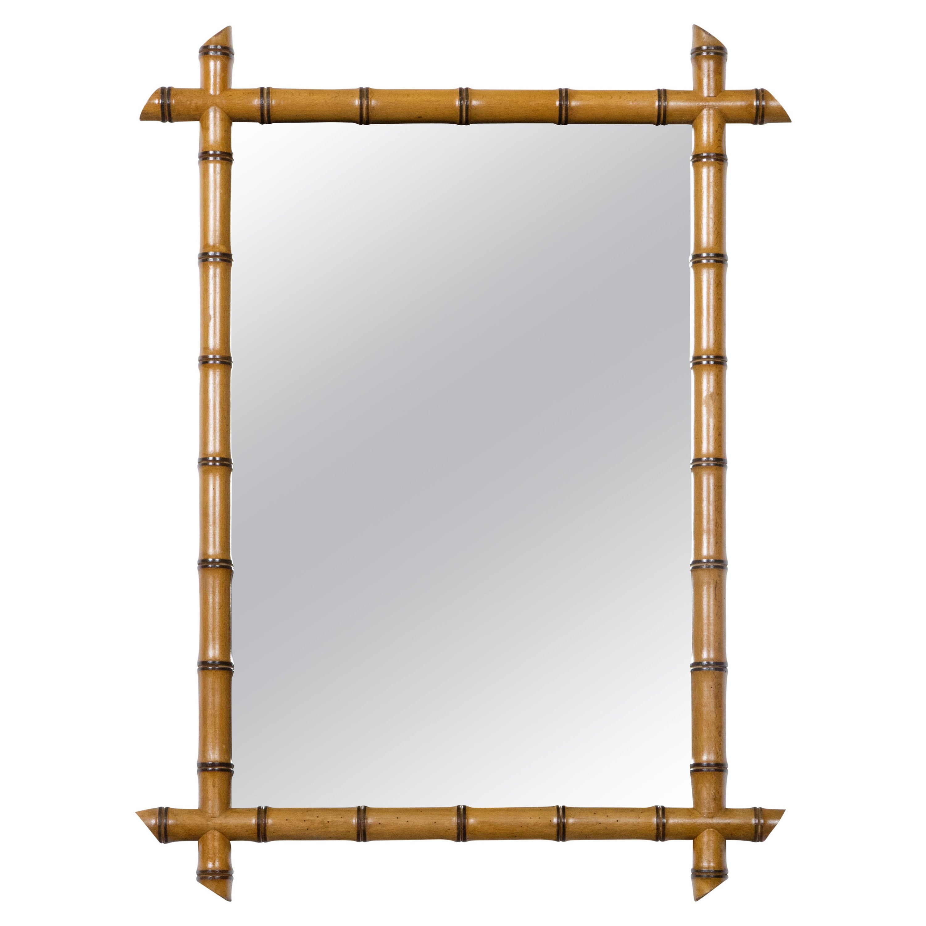 French Turn of the Century Walnut Faux Bamboo Light Brown Wall Mirror, 1900s For Sale