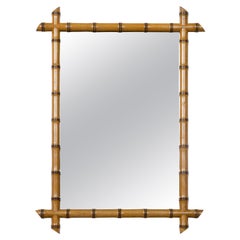 French Turn of the Century Walnut Faux Bamboo Light Brown Wall Mirror, 1900s