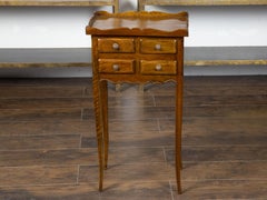 French Turn of the Century Walnut Side Table with Carved Tray Top and Drawers