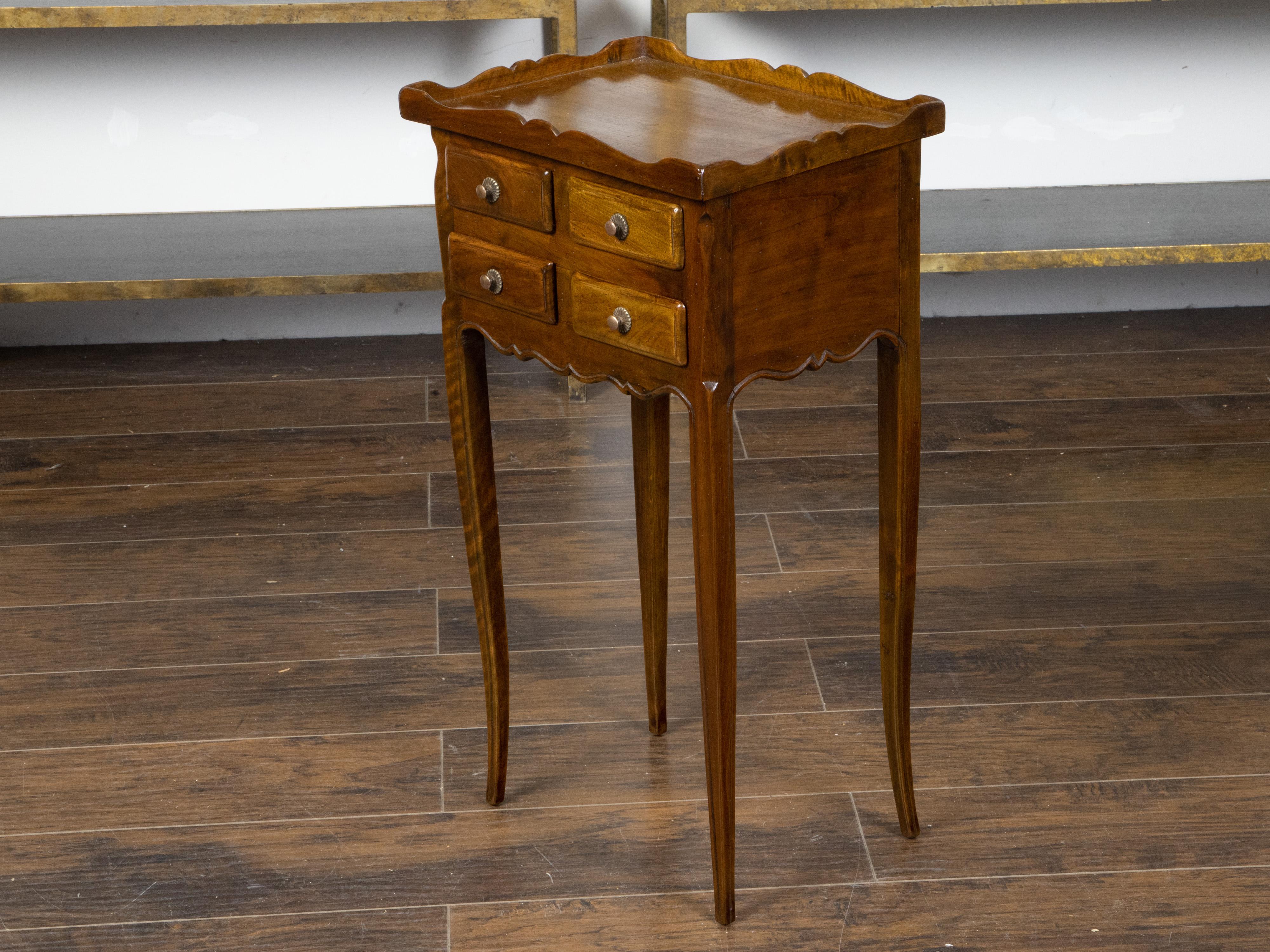 French Turn of the Century Walnut Side Table with Carved Tray Top and Drawers In Good Condition For Sale In Atlanta, GA