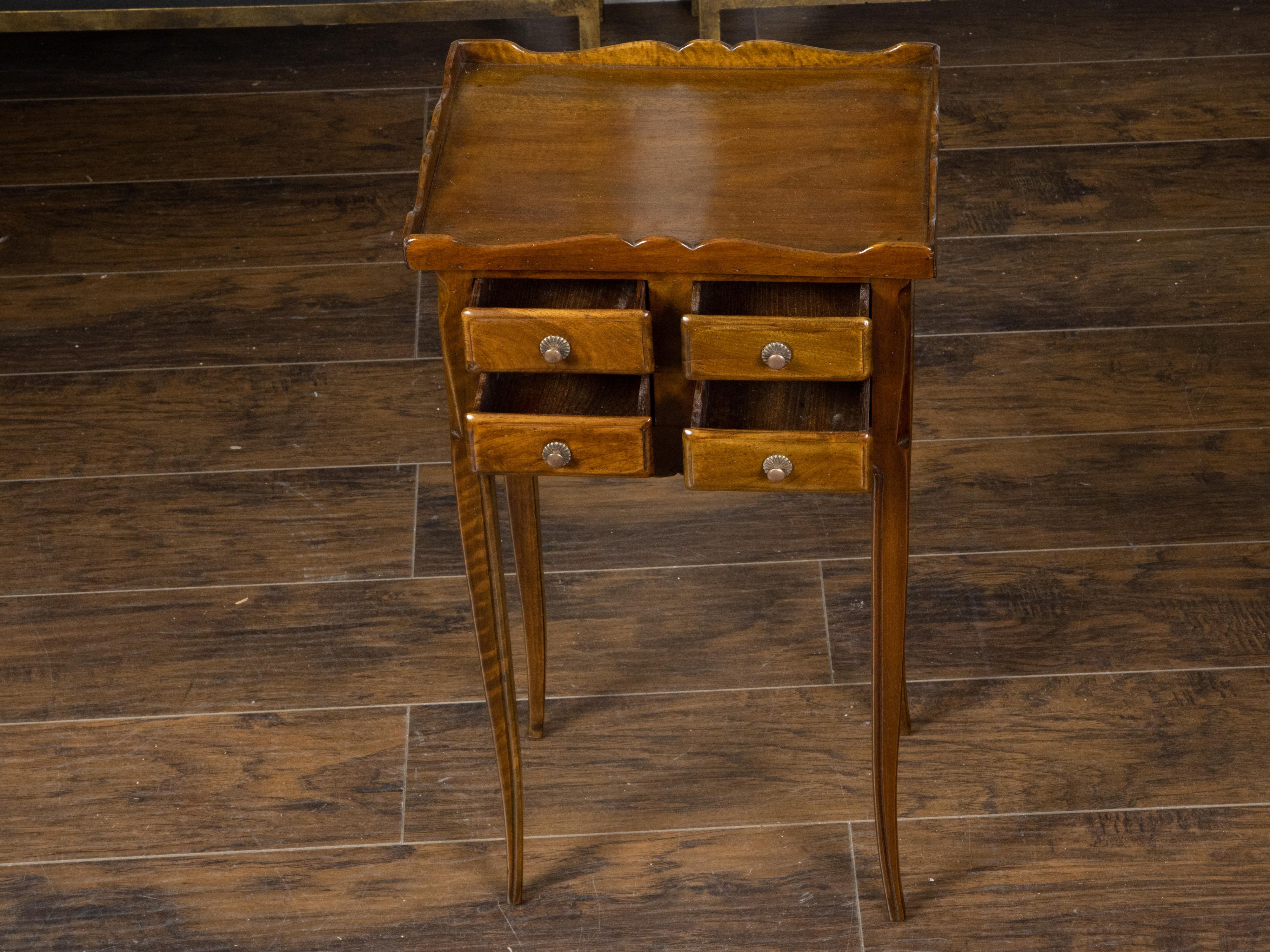 20th Century French Turn of the Century Walnut Side Table with Carved Tray Top and Drawers For Sale