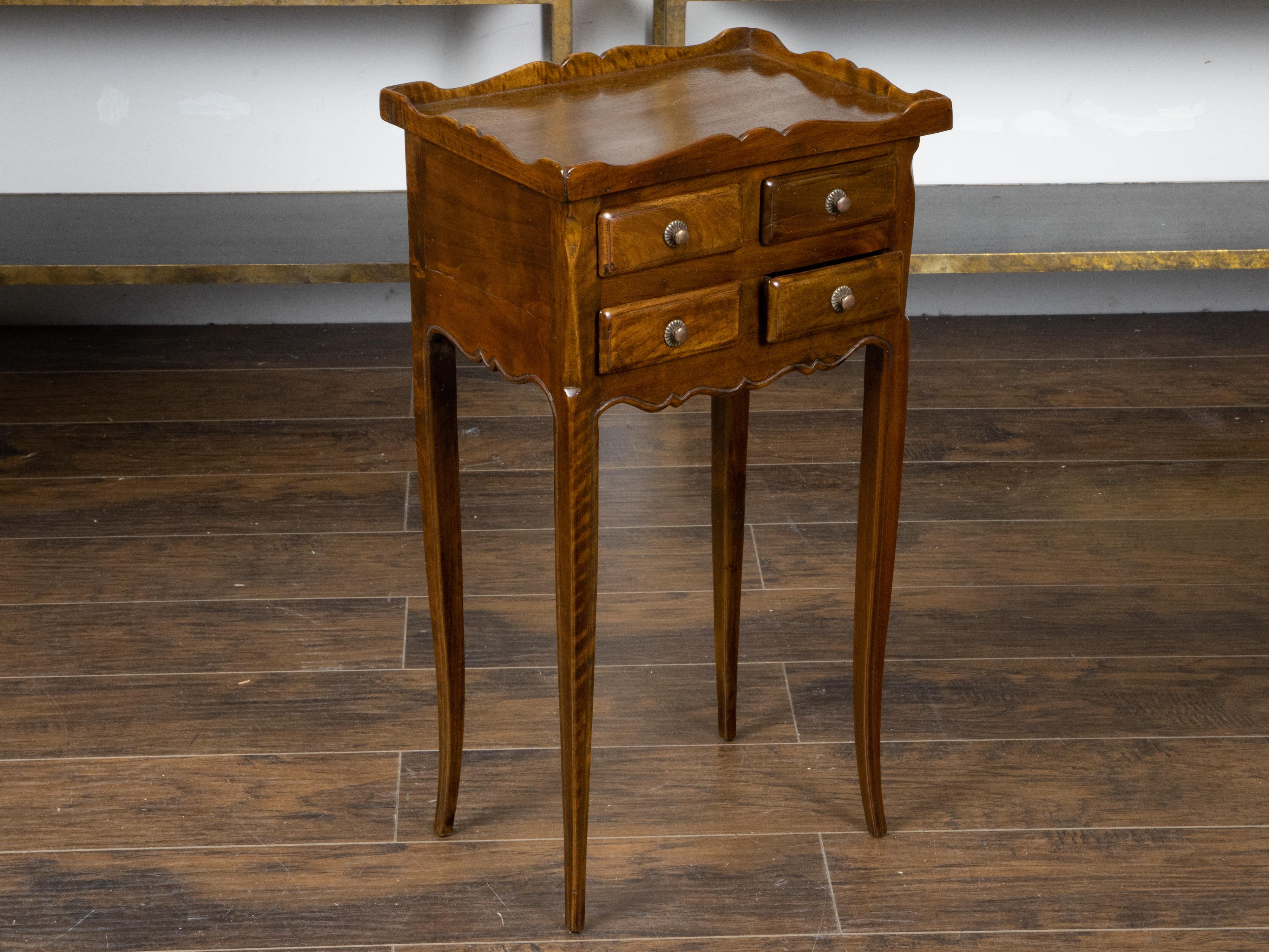 French Turn of the Century Walnut Side Table with Carved Tray Top and Drawers For Sale 1