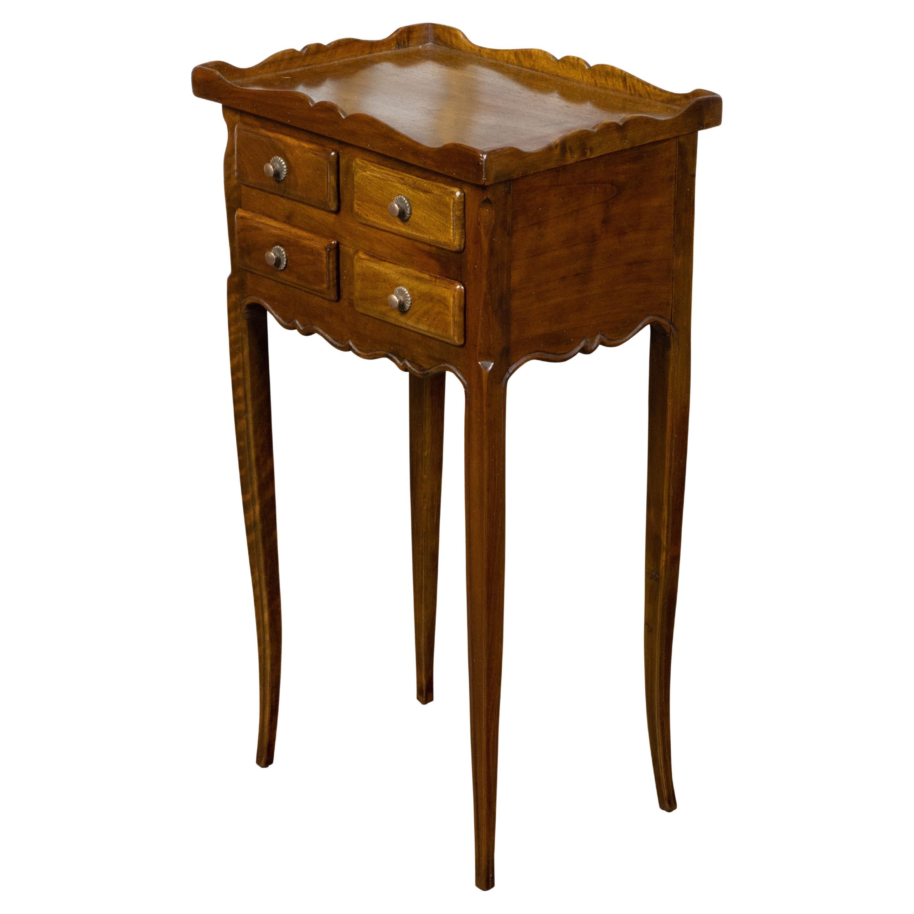 French Turn of the Century Walnut Side Table with Carved Tray Top and Drawers For Sale
