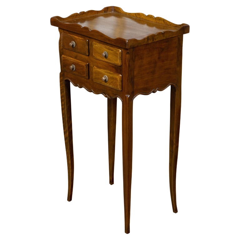 French Turn of the Century Walnut Side Table with Carved Tray Top and