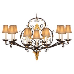 French Turn of the Century Wrought Iron and Gilt Metal Chandelier