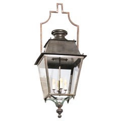 Antique French Turn of the Century Wrought-Iron Four-Light Lantern with Glass Panels