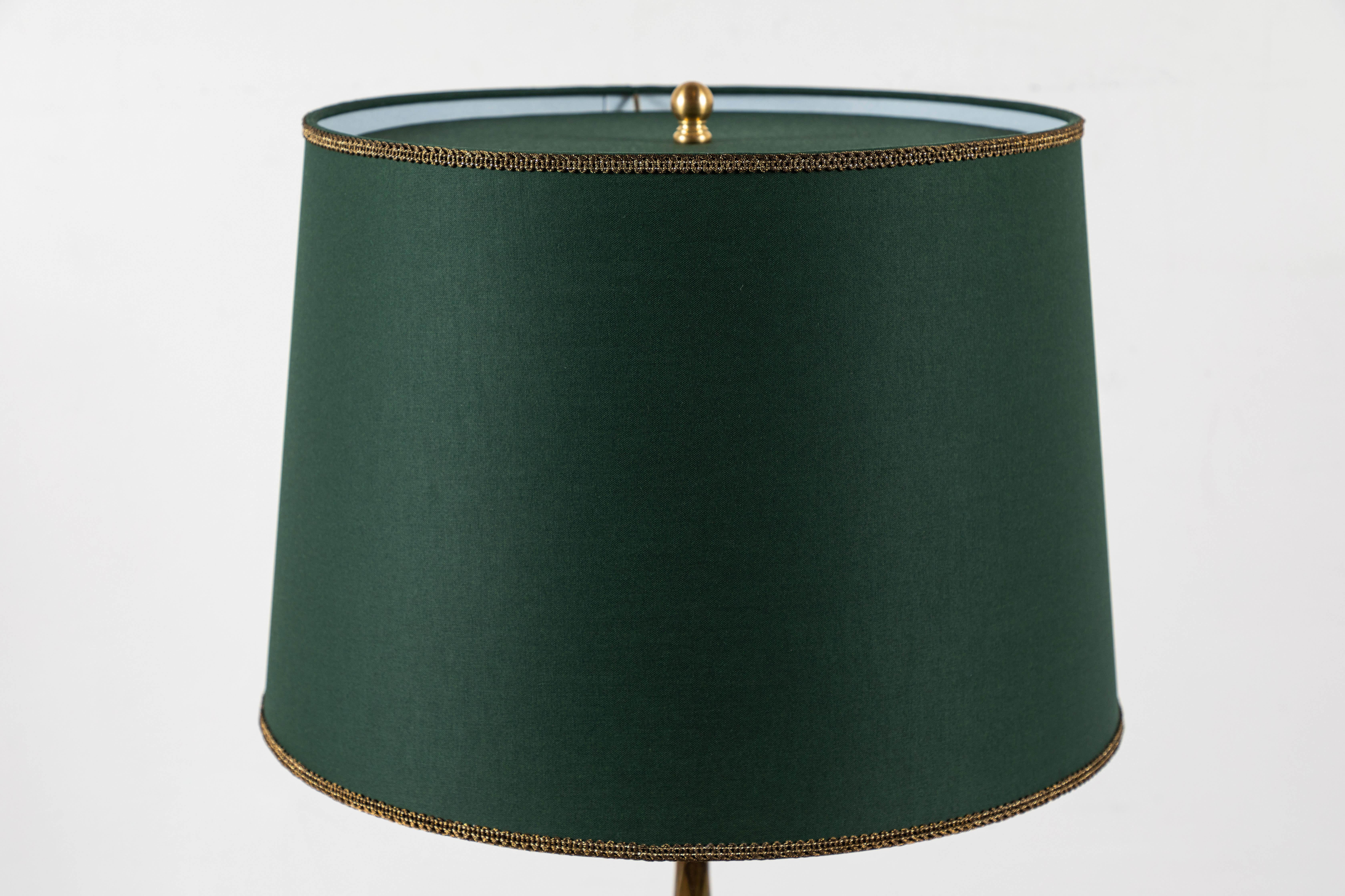 French Turned Brass Floor Lamp with Tripod Base and Green Book Cloth Shade In Good Condition In Los Angeles, CA