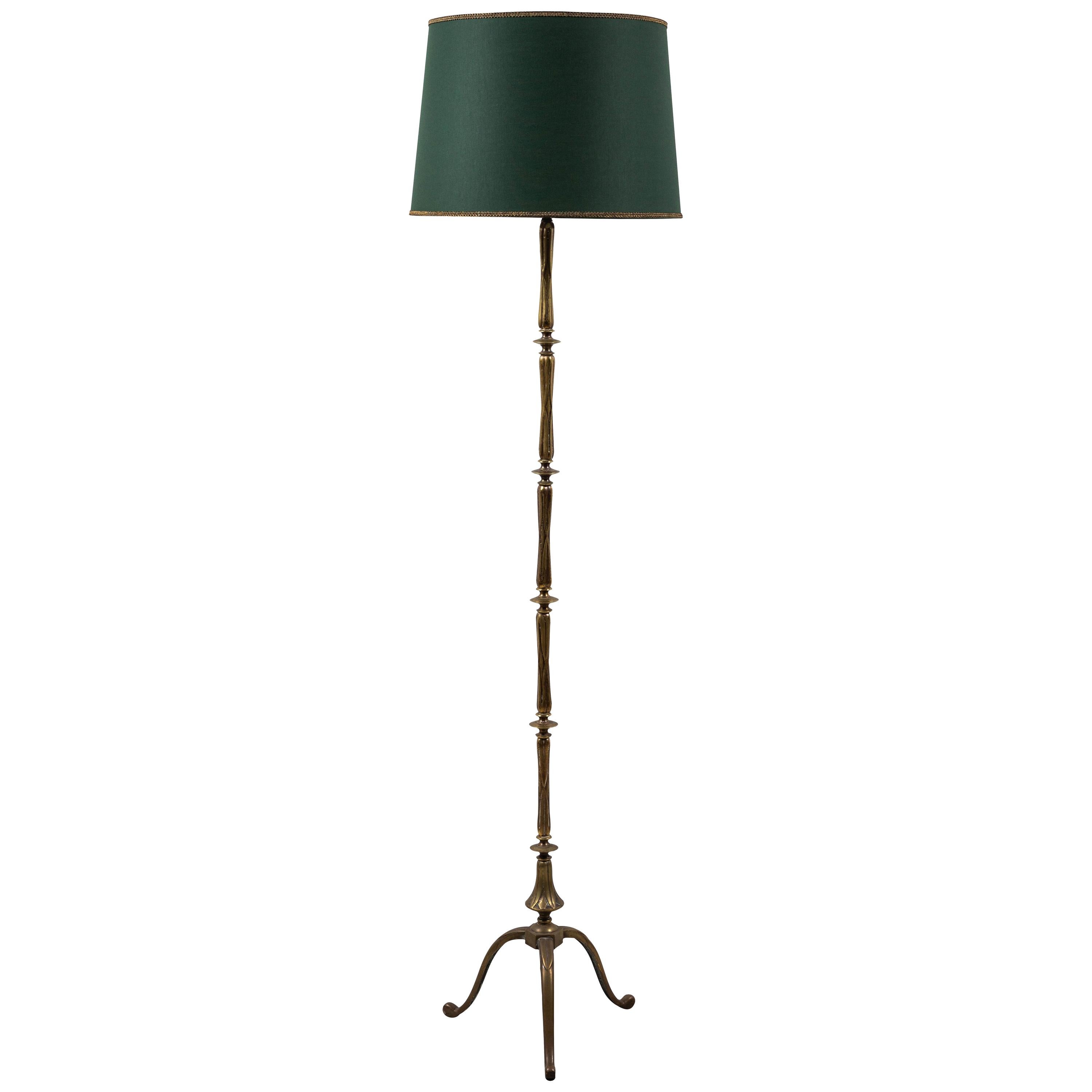 French Turned Brass Floor Lamp with Tripod Base and Green Book Cloth Shade
