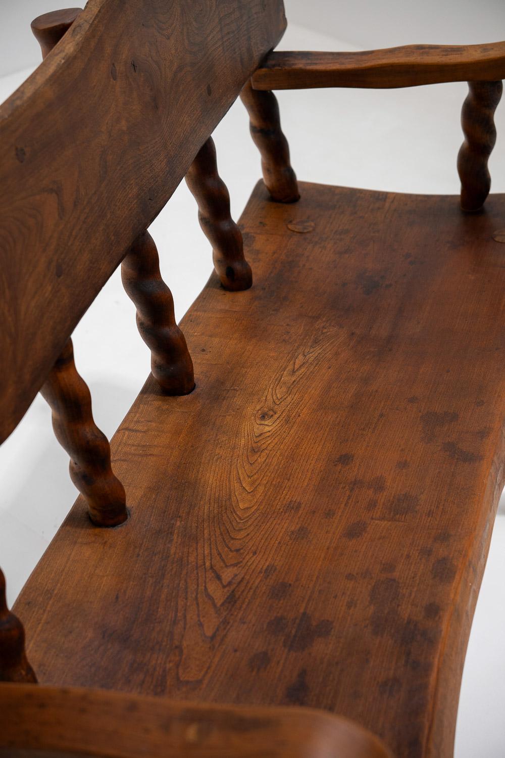 French Turned-Frame Brutalist Bench in Solid Elm, France, 1950s 4