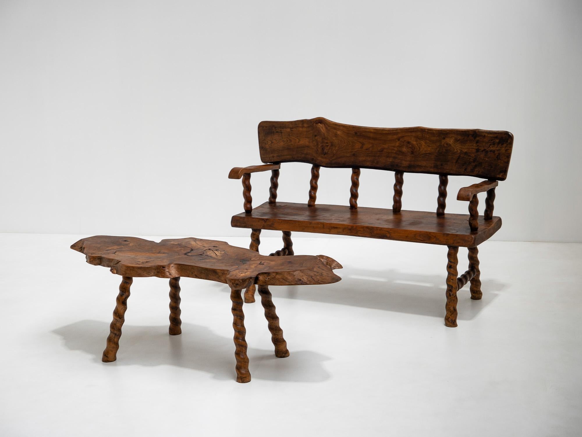 Mid-20th Century French Turned-Frame Brutalist Bench in Solid Elm, France, 1950s For Sale