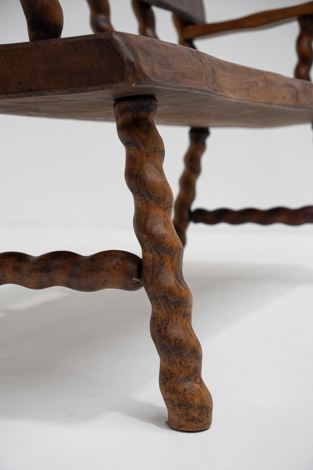 French Turned-Frame Brutalist Bench in Solid Elm, France, 1950s 2