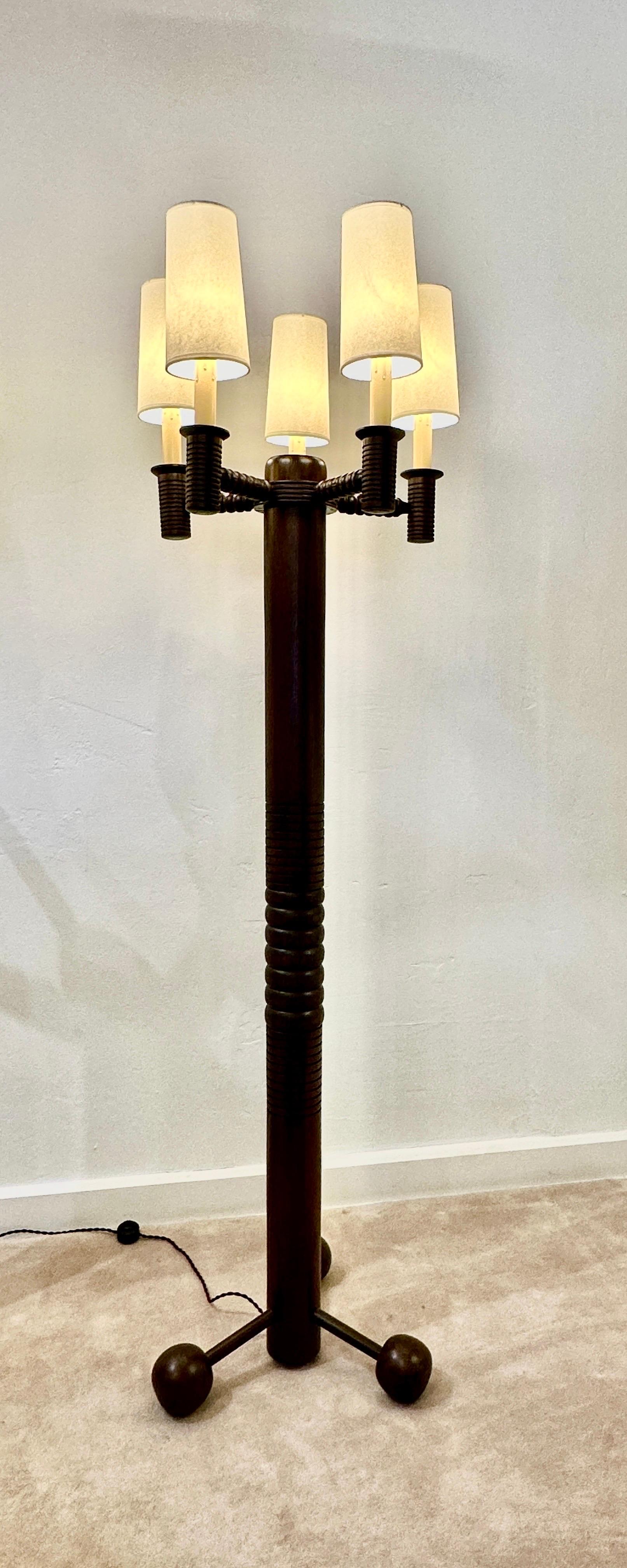 French Turned Oak 5-Arm Candelabra Style Floor Lamp - TWO AVAILABLE For Sale 6