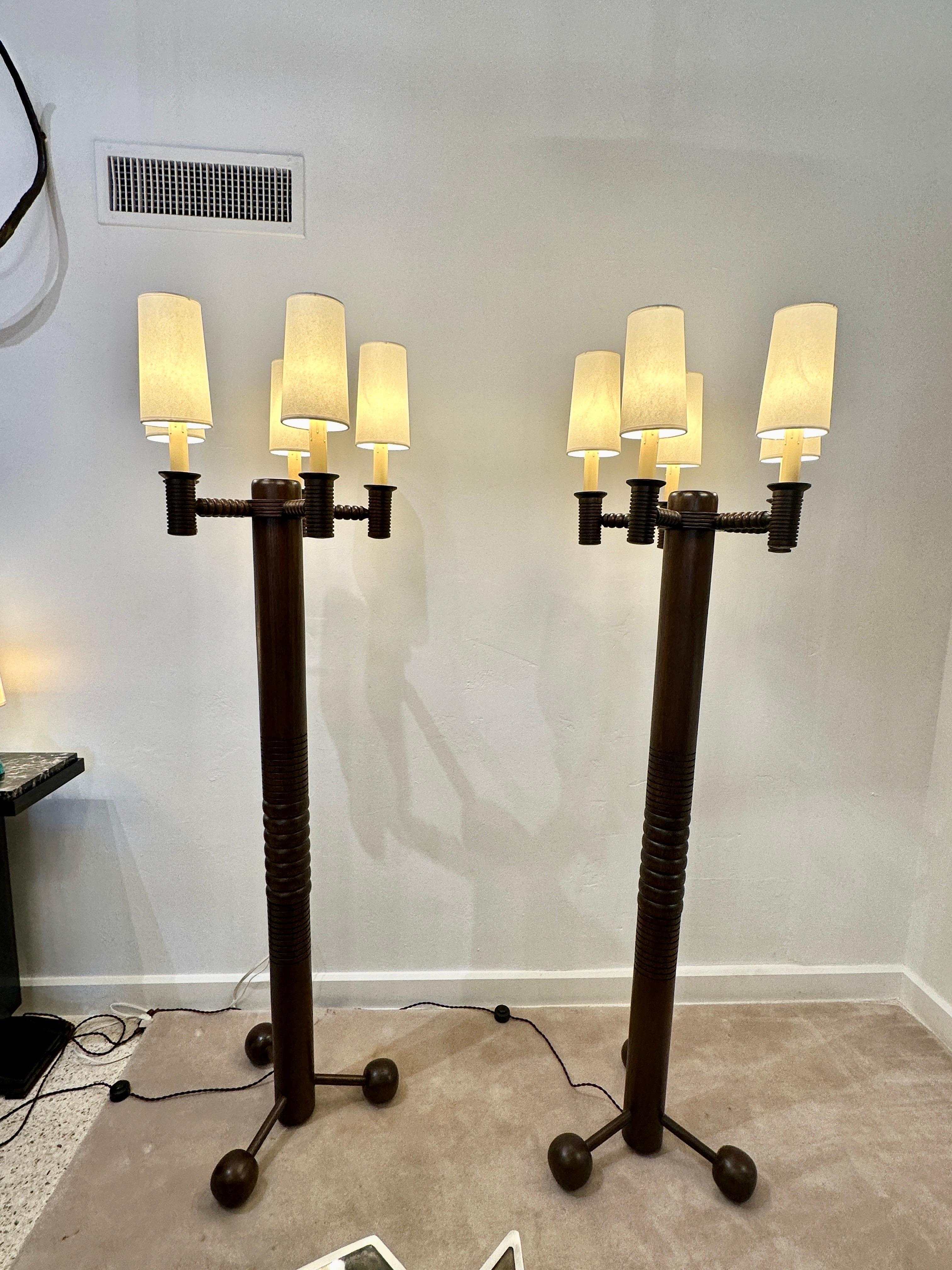 French Turned Oak 5-Arm Candelabra Style Floor Lamp - TWO AVAILABLE For Sale 9
