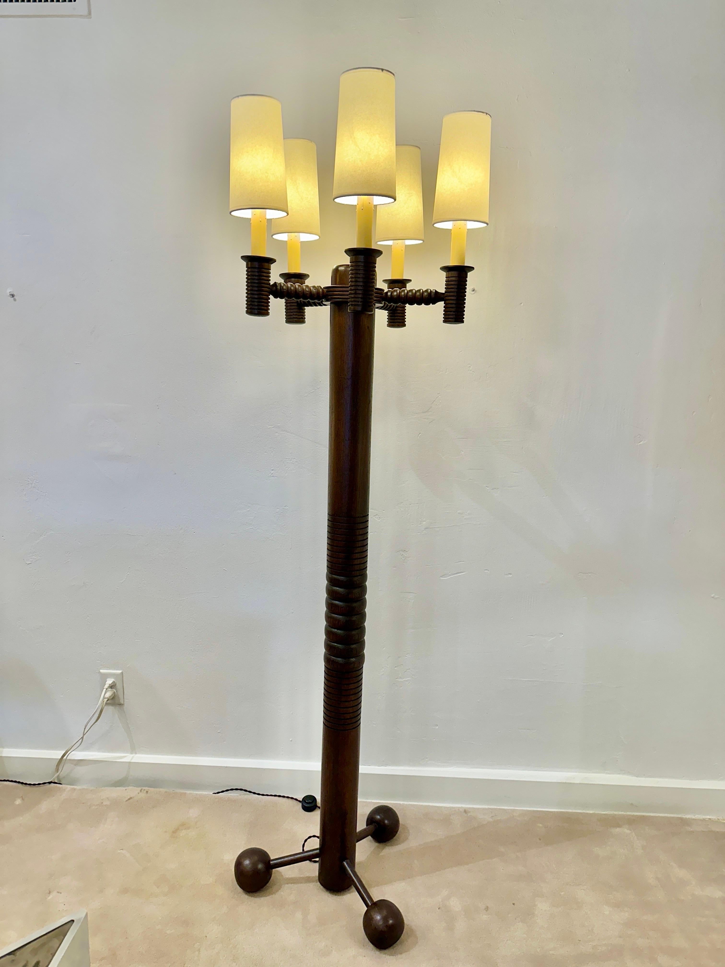 French Turned Oak 5-Arm Candelabra Style Floor Lamp - TWO AVAILABLE For Sale 11