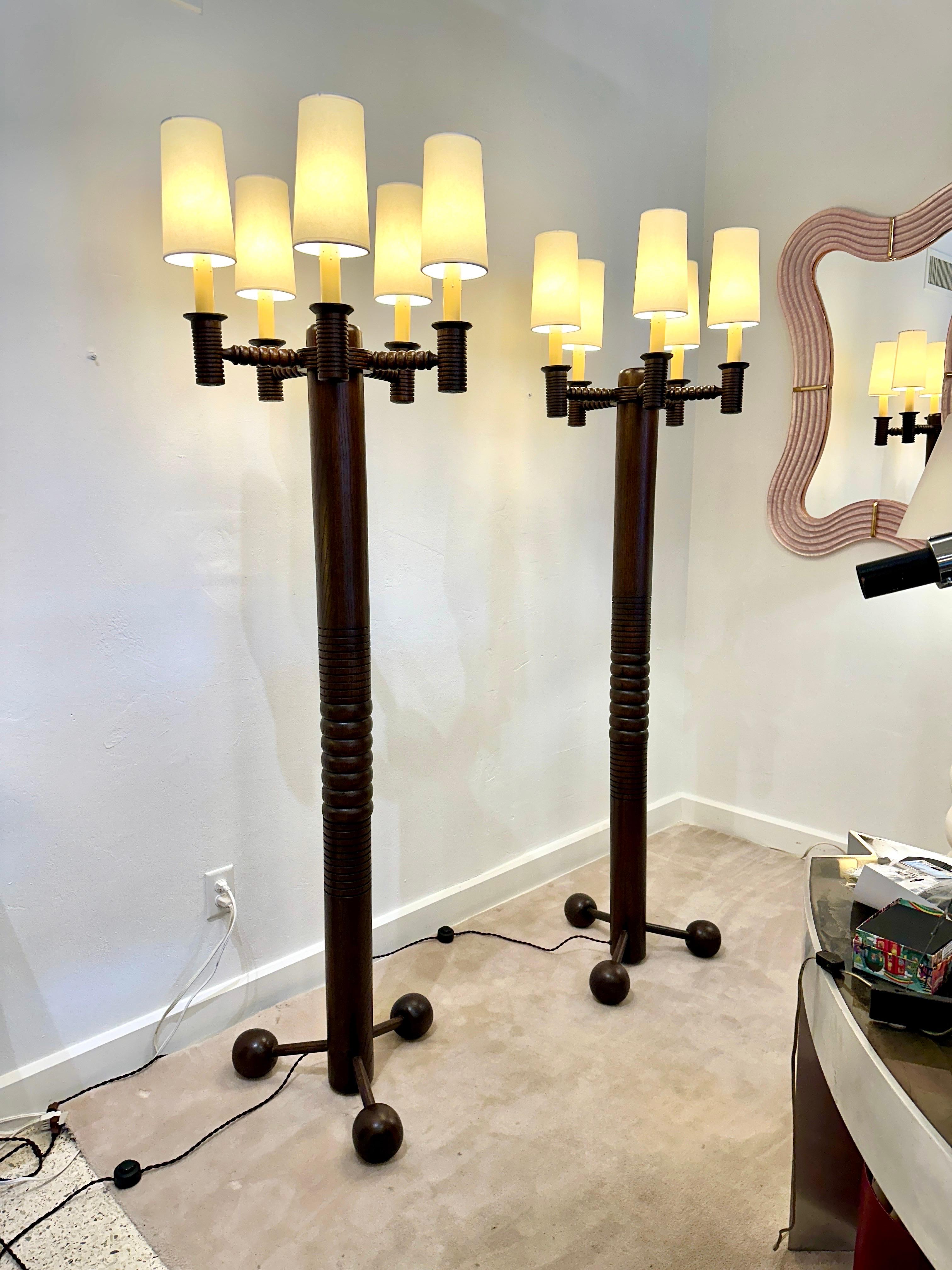 Wonderful craftsmanship of this solid French oak 5-light candelabra style floor lamp with NEW paper shades.  The oversized proportions and attention to detailed carving throughout make this a wonderful and elegant lighting option.  NOTE:  There are