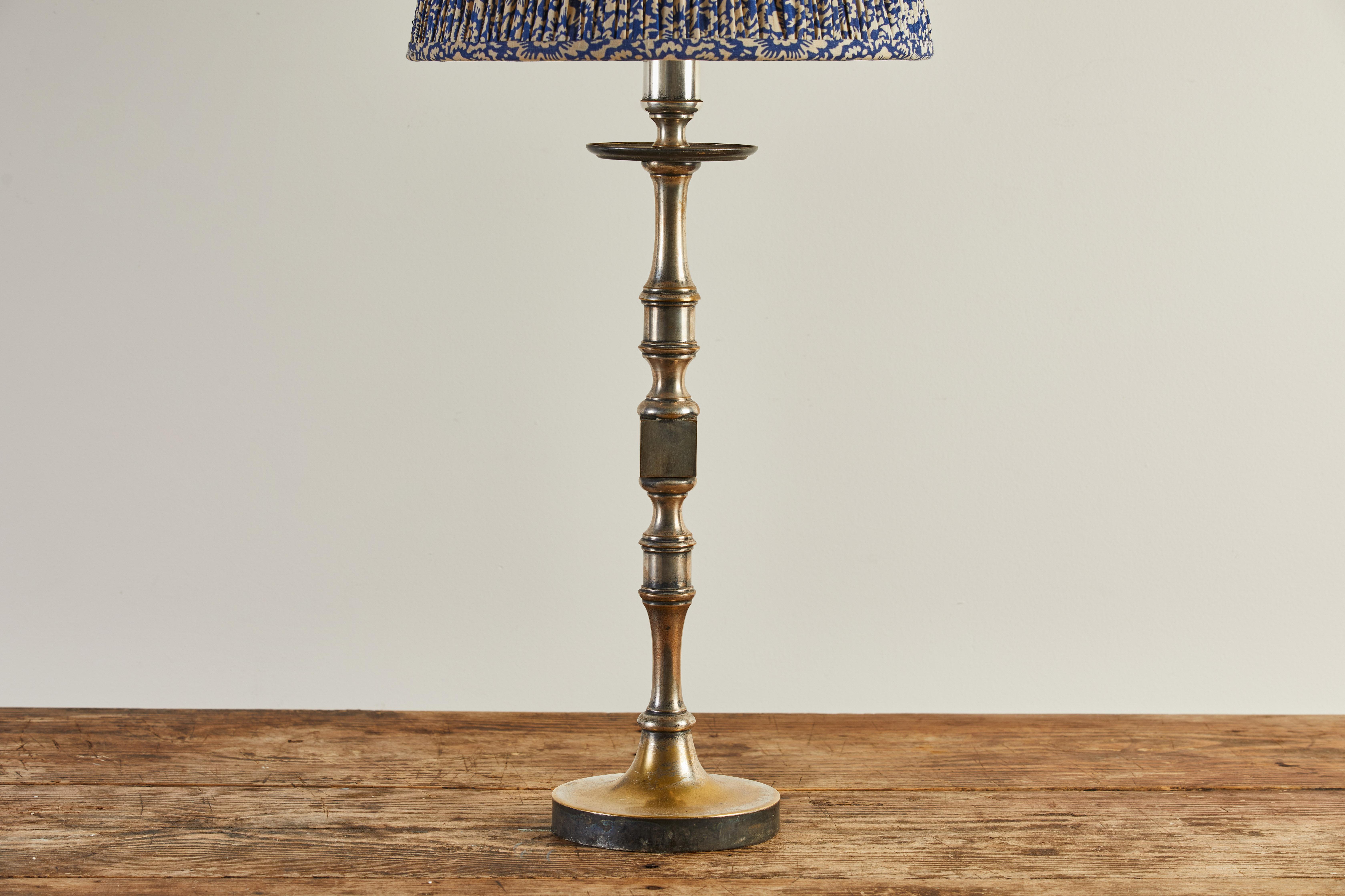 French Turned Silver Table Lamp with Floral Lampshade 1