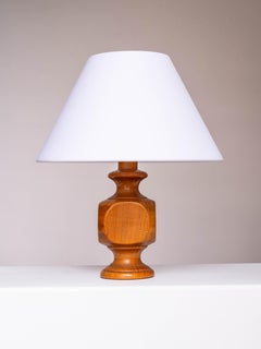 French Turned Wood Table Lamp - Geometric Carved Oak Lamp - Mid-Century 1960s